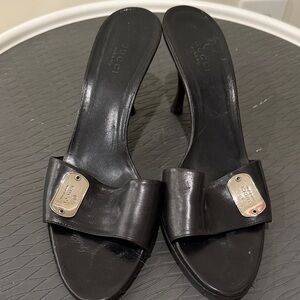 Gucci Black Leather Heeled Mules